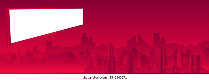 vector red cityscape illustration, modern buildings and amusement park