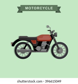 Vector red classic bike in flat style. Cafe racer illustration.
