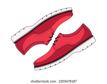 Calzado vectorial rojo clásico aislado en fondo blanco. Ilustración de zapatos más lujosos. Pareja de calzado retro masculino de negocios. Ver la silueta de zapatos de los hombres modernos. Botas bajas de plástico