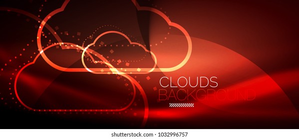 Vector Red Cloud Computing, Storage Concept, Neon Digital Background