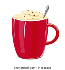Vector red coffee mug with cappuccino and cream, chocolate  