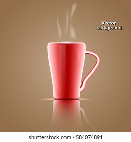 Vector red coffee mug on a brown background