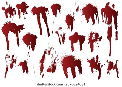 Vector red color blood texture painted art illustration set. Red splatter stain blood background collection. Red blood splatter isolated bundle background