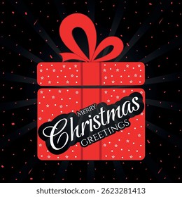 Vector red color decorated gift box, in a pattern background, with merry Christmas greetings text  