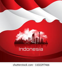 Vector red color Flat design, Illustration of Indonesia Icons, flag, and landmarks.