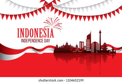 Vector red color Flat design, Illustration of flag, indonesia landmark for banner. Indonesia Independence Day concept.