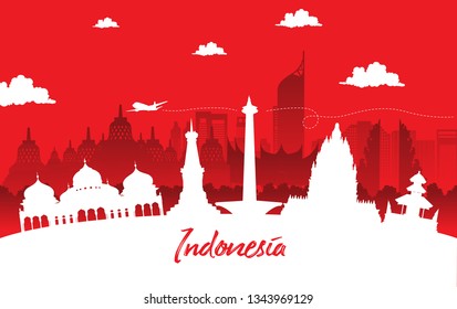 Vector red color Flat design, Illustration of Indonesia Icons, and landmarks. Travel concept.