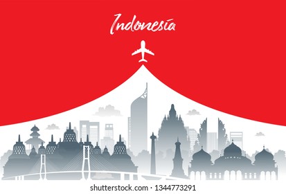 Vector red color Flat design, Illustration of Indonesia Icons, and landmarks. Travel concept.