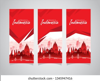 Vector red color Flat design, Illustration of flag and icon Indonesia for banner, flyer, brochure, layout and website. Welcome to Indonesia.