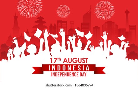 Vector red color Flat design, Illustration of Indonesia Icons, flag, and landmarks. 17th August Indonesia Independence Day concept.
