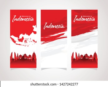 Vector red color Flat design, Illustration of flag and icon Indonesia for banner, flyer, brochure, layout and website. Welcome to Indonesia.