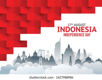 Vector red color Flat design, Illustration of Indonesia Icons, pattern, and landmarks. 17th August Indonesia Independence Day concept. Vector red color Flat design, Illustration of Indonesia Icons, pattern, and landmarks. 17th August Indonesia Independence Day concept.