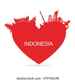Vector red color Flat design, Illustration of Indonesia Icons, flag, and landmarks at red heart. Travel concept.