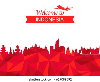 Vector red color Flat design, Illustration of Indonesia Icons, flag, and landmarks with wording welcome to Indonesia 