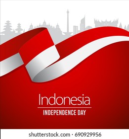 Vector red color Flat design, Illustration of Indonesia Icons, flag, and landmarks. 17th August Indonesia Independence Day concept.