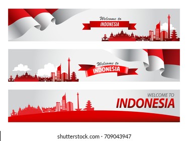 Vector red color Flat design, Illustration of flag for banner. Welcome to Indonesia concept.