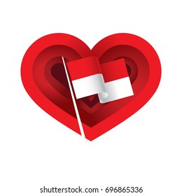 Vector red color Flat design,heart,flag,Illustration of Indonesia Icons, 17th August Indonesia Independence Day concept.