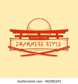 vector red color japan style vintage sign logo banner with boken katanas grunge textured isolated illustration
