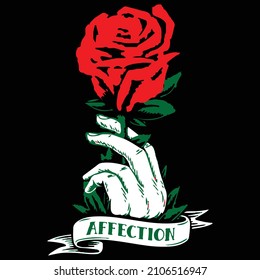 Vector with red color rose on a hand for t shirt design, template and many others.