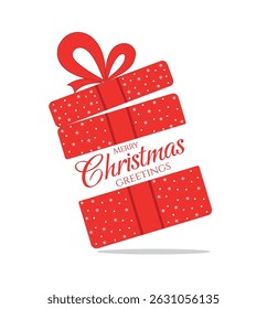 Vector red color star pattern gift box, with Merry Christmas greetings text decoration, on a white background