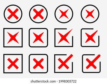 Juego de iconos de confirmación de color rojo vector. Gran conjunto de botones planos, cruces rojas. Círculo y cuadrado, esquinas duras y redondeadas.