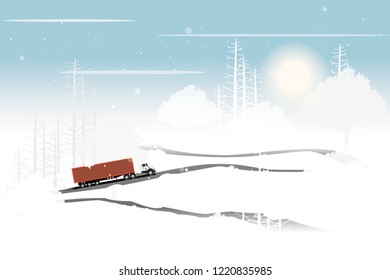 vector red container truck driving on the road on the snow background