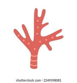 Vector red coral in flat design. Cute water plant with dots. Sea reef. Marine algae.