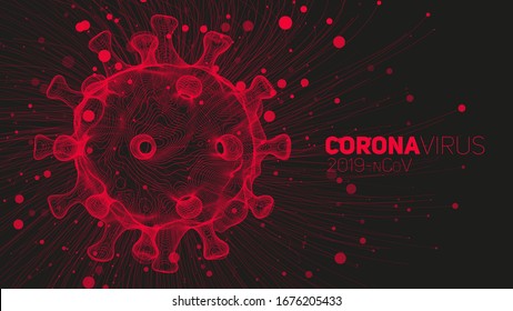 Vector red Coronavirus pathogen spreading concept on a dark background. Minimal 3d wireframe virus and infection pathways. Pandemic concept. Design for banner information, flyer, poster, etc.