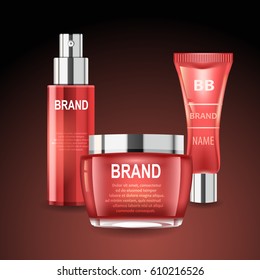 Vector red cosmetic pack set, mock up design, ads elements