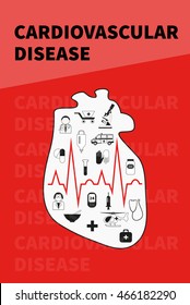 Vector red cover on cardiovascular diseases with heart and health icons. Template for booklet, brochure, leaflet, annual report.