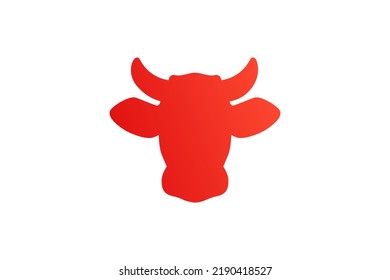 Vector Red Cow Head Logo Isolated On White Background. Bull Face Flat Silhouette. Cartoon Wild Animal Sign. BBQ Simple Symbol. Domestic Farm Meat Stamp. Buffalo Evil Illustration. Cattle Design