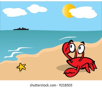 vector red crab on beach looking at boat on the ocean's horizon on a sunny day