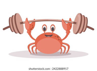 Vector red crab on whitebackground. Cute cartoon crab. Crab athlete with a barbell.