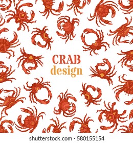 Vector red crabs background. Various hand-drawn ornate crabs on white background. There is place for your text in the center.