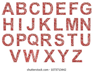 Vector red crayons alphabet isolated on white background