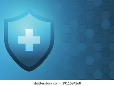 Vector : Red cross logo and shield on blue medical background