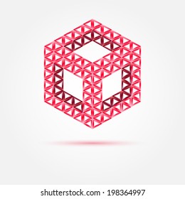 Vector red cube isometric icon made with triangles - abstract symbol