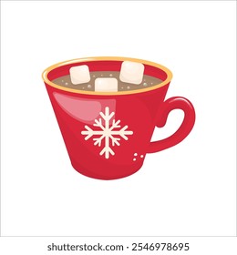 Xícara vermelha vetorial de cacau com marshmallows. Elementos do Natal. Clipart isolado em estoque em um fundo branco. Para cartões de férias, adesivos. 