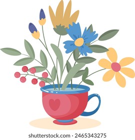 Vector red cup with summer field flowers. Illustration for graphic, content , banner, sticker label and greeting card