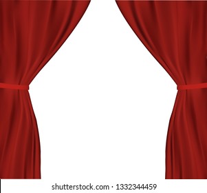 Vector red curtains in theater on white. Isolated red curtain scene gracefully on transparent background. Elegant vector backdrop for poster and cinema screen