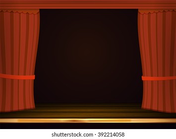 Vector red curtains in theater or opera. Dark red curtain scene gracefully for text. Elegance vector backdrop for poster