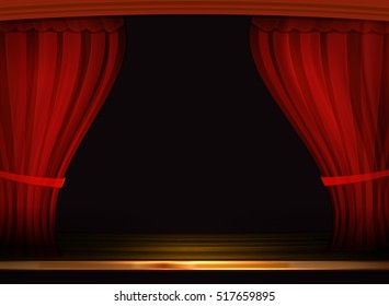 Vector red curtains in theater or opera. Dark red curtain scene gracefully for text. Elegance vector backdrop for poster