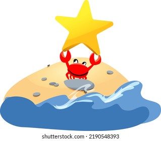 Vector red cute crab stands on the beach, holds a large yellow star in its claws, waves beat, water splashes.