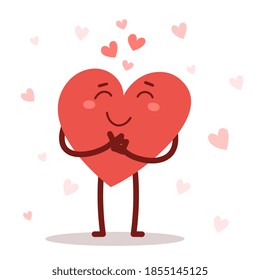 Vector red cute enamored heart character with smile on white background. Romantic flat style design Valentine's Day illustration to express feelings of love