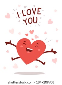 Vector red cute happy heart character jumping with arms spread wide and smile on white background with text. Romantic flat style Valentine's Day illustration to share feeling of love