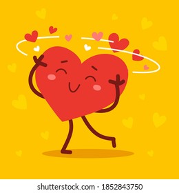 Vector red cute happy heart character dizzy with love with smile on yellow background. Romantic flat style design Valentine's Day illustration to express feelings of love