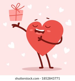 Vector red cute happy heart character giving a present with smile on pink background. Romantic flat style design Valentine's Day illustration to share feeling of love