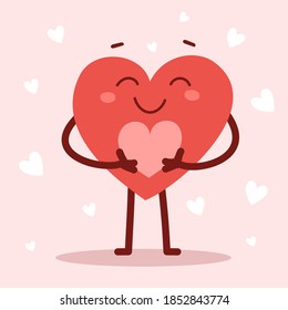 Vector red cute happy heart character holding a heart with smile on pink background. Romantic flat style Valentine's Day illustration to share feeling of love