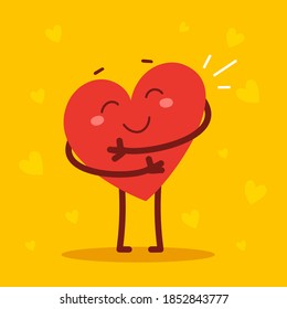 Vector red cute happy heart character hugs himself with smile on yellow background. Romantic flat style Valentine's Day illustration to share feeling of love