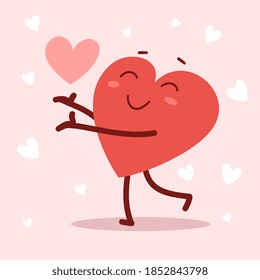 Vector red cute happy heart character shares a heart with smile on pink background. Romantic flat style design Valentine's Day illustration to share feeling of love